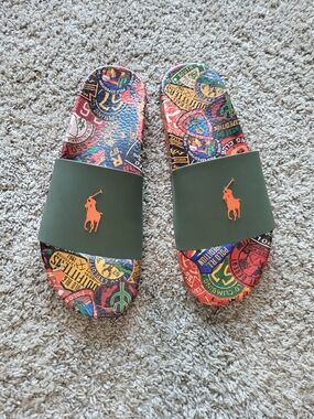 Ralph Lauren Polo Olive Slide Sandals Orange Pony Colorful Badge Footbed